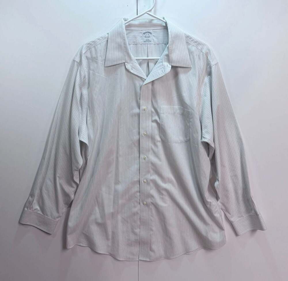 Brooks Brothers Men's White and Blue Pinstripe Long Sleeve Dress Shirt 17-34